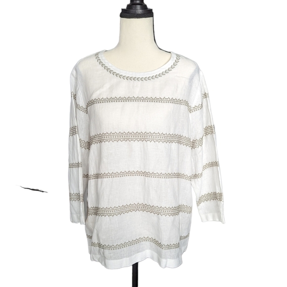J. Jill Tops - J Jill Love Linen Cross Stitch Casual Top White Sage Brush Size M